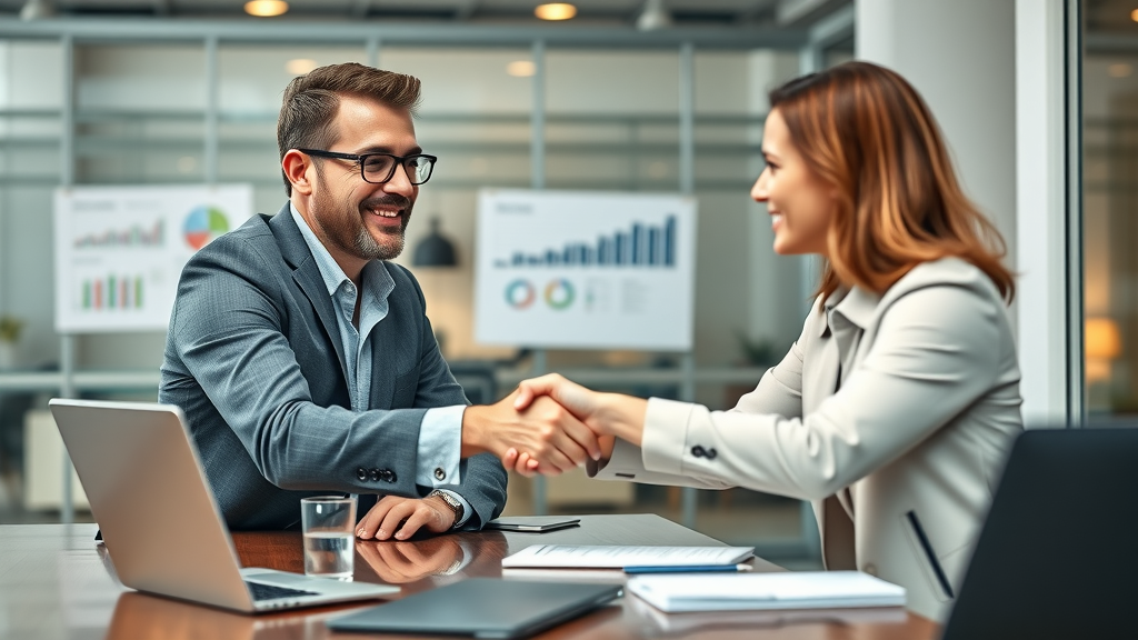 business owner meeting with small business digital marketing consultant in modern office setting, shaking hands, laptops and marketing charts visible