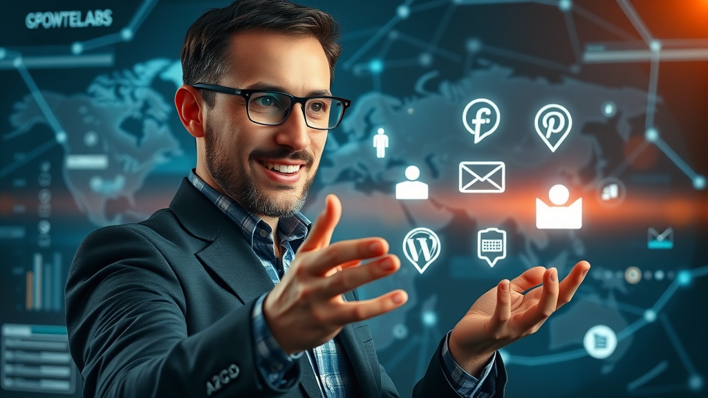 optimistic small business owner overseeing expanded digital footprint—social media, website, SEO icons—on futuristic digital interface