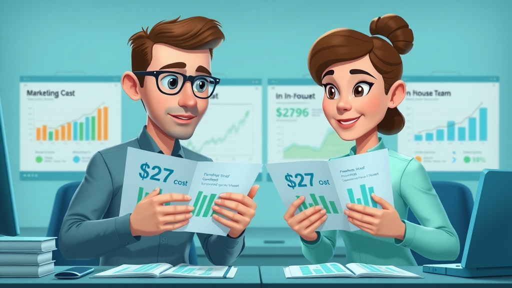 infographic comparing marketing consultant fees and in-house team for small business digital marketing, side-by-side workspace reviewing financial charts