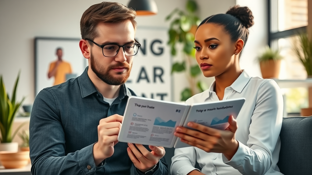 small business owner reviewing digital marketing consultant's portfolio and testimonials, modern workspace with branding and sunlight