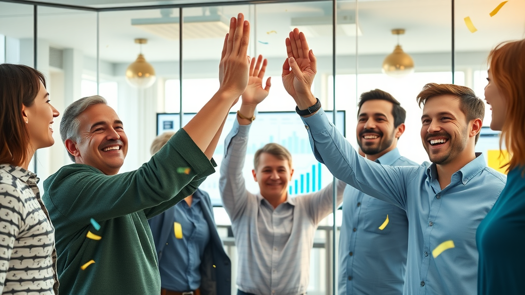 digital marketing ai consultancy success — Small business team celebrating AI marketing achievements in London