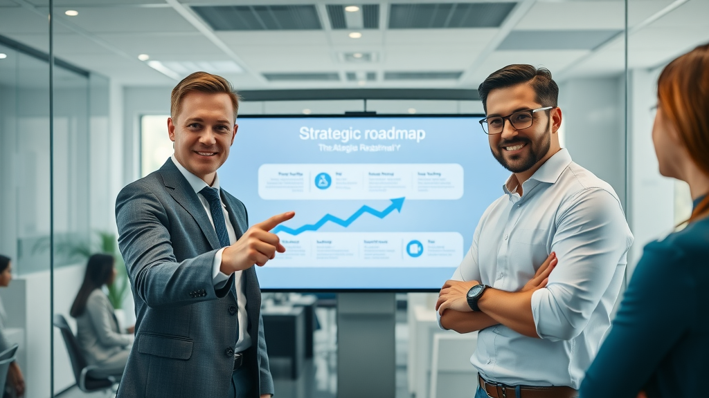 agency experts present strategic social media roadmap to clients, step-by-step process, digital campaign management at a UK media agency