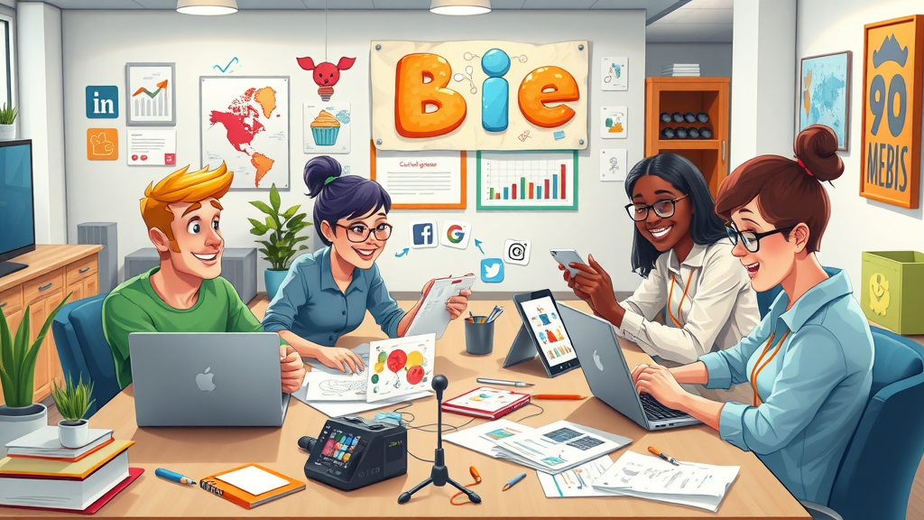 creative team collaborating and brainstorming social media content, content creation at a marketing agency, vibrant digital office, media strategy in action