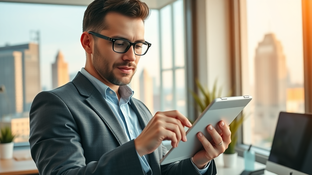 Confident business owner step-by-step buying geo targeted website traffic using tablet with city skyline in background