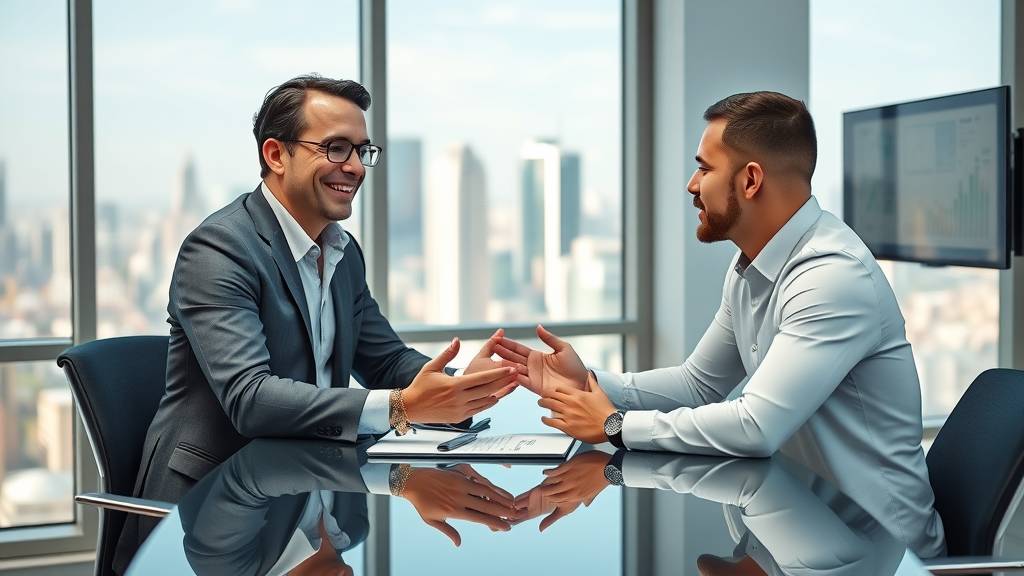 ai marketing agency consultation — Consultant explaining AI marketing strategy to small business client in London office