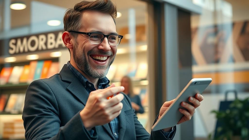 Happy UK business owner celebrates success after geo targeted website traffic campaign with conversion graph trending upward in London storefront