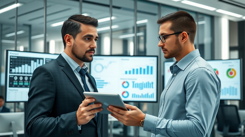 modern business owners analyzing social media statistics and dashboards with charts and graphs, social media marketing agency services, UK corporate office