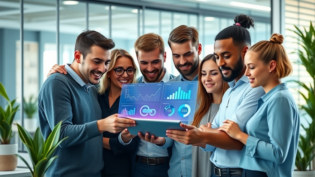 digital marketing ai consultancy — Modern small business office team collaborating with AI-driven digital marketing analytics in London