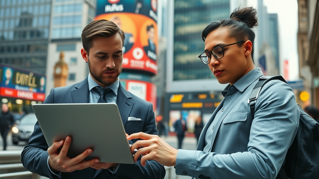 Business professionals analyzing geo targeted website traffic data for Greater London sales growth in photorealistic office setting