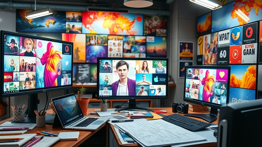 content creators designing vibrant social media posts, media content creation in a digital agency for UK brands