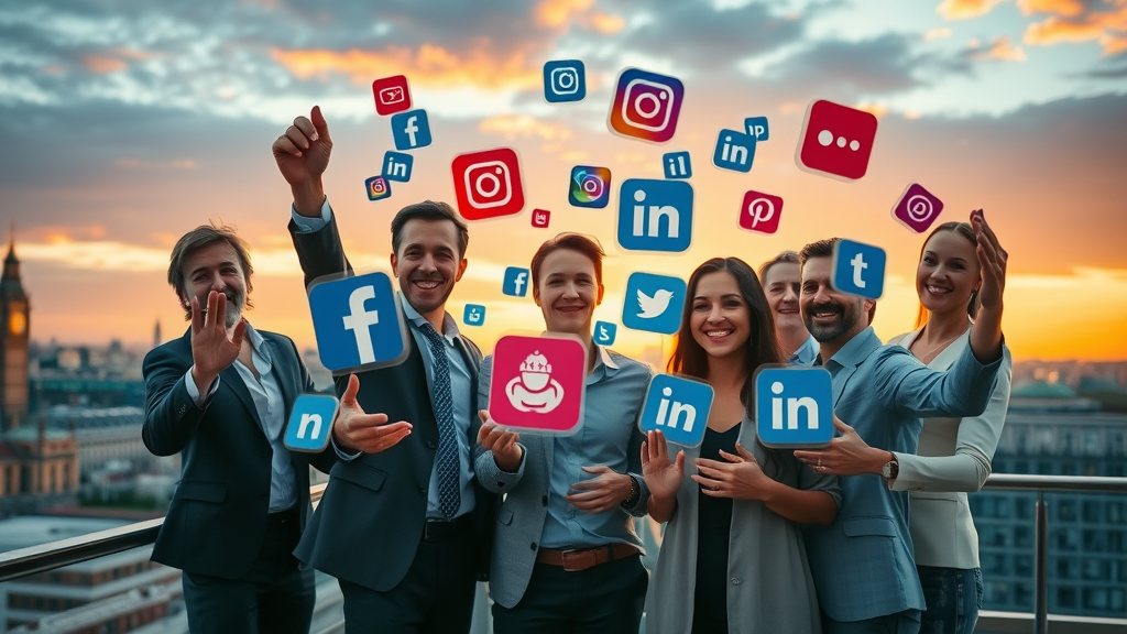 UK business team engaging with social media network icons and London skyline, multi-network social presence via marketing agency