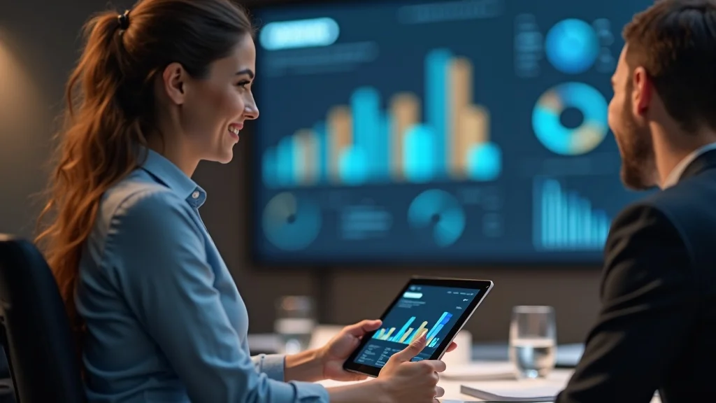 Polished social media campaign visuals—manager demonstrating campaign results to satisfied client in a modern meeting room, showcasing media marketing analytics
