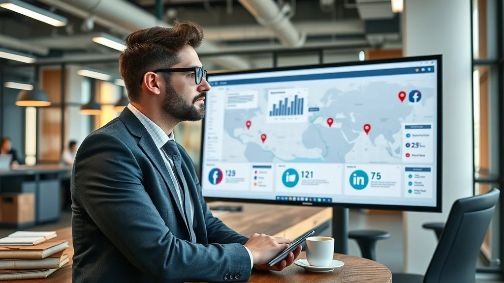 London marketing professional reviewing social campaign analytics and city map pins