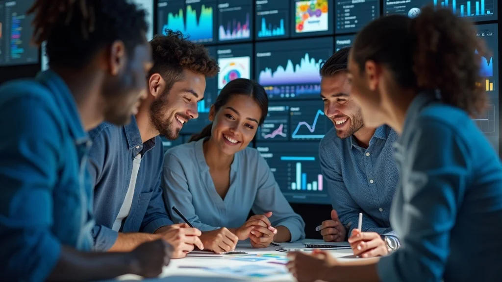 Diverse marketing agency team actively managing social media strategy, campaign analytics, and creative content in a high-tech digital workspace