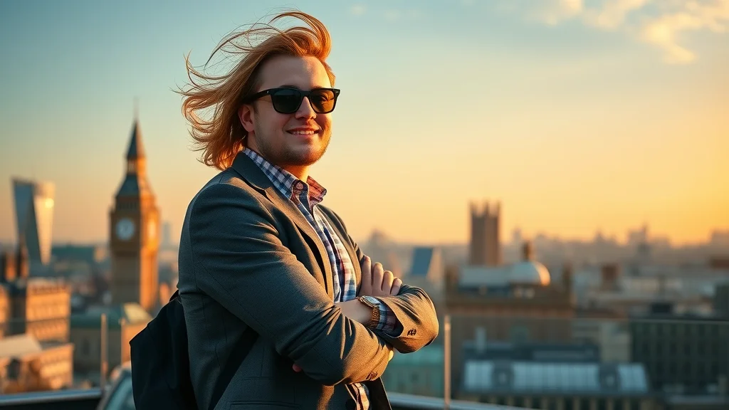 Aspiring London entrepreneur overlooking cityscape, triumphant, at sunset