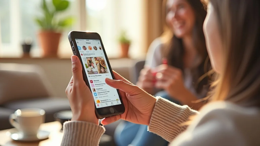 Engaging social media feed layout with users scrolling and interacting with a mix of branded, curated, and personal content according to the 5 3 2 rule