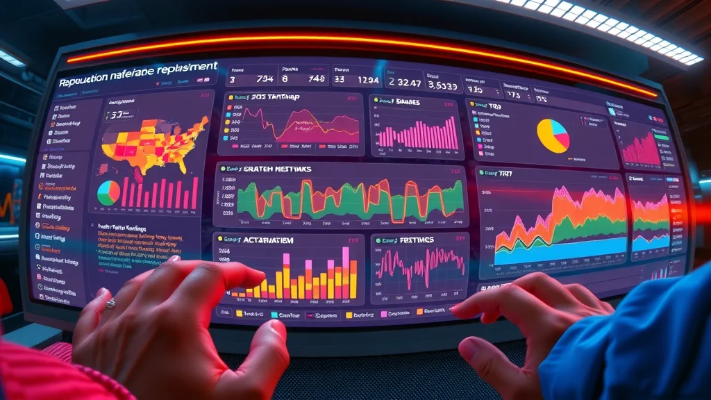 Highly detailed interface of reputation management dashboard showing analytics, review scores and sentiment heatmaps, virtual 3D environment with animated floating data panels, rainbow spectrum palette, 16mm fisheye lens. No text in image.