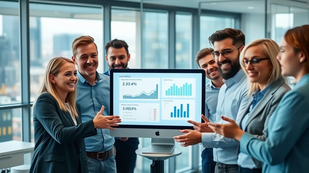 Digital marketing professionals using reputation marketing reviews monitoring tools in a photorealistic, modern office—confidence, collaboration, graphs and customer review icons on screens, blue and grey palette, cityscape views. Faces and hands natural and realistic, ultra-high-definition.