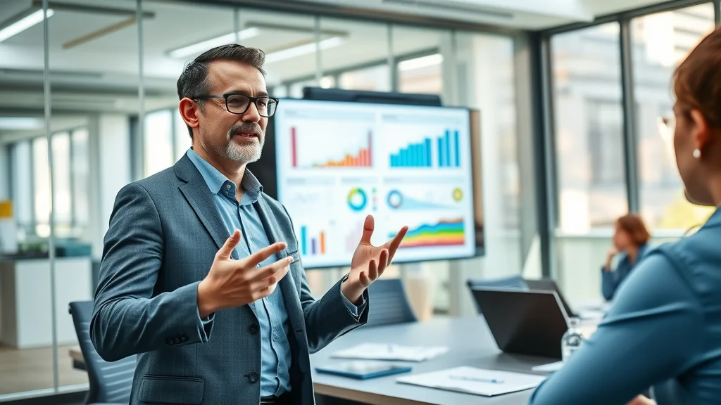 Innovative consultant presenting data-driven category strategy concepts with interactive screen and vibrant charts for effective category management