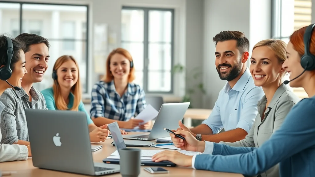 Confident support team in training, engaged in best practices workshop for helpdesk implementation and customer service