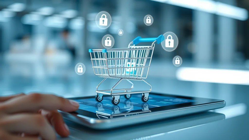 Digital shopping cart and secure payment gateway icons for e-commerce platforms software solutions