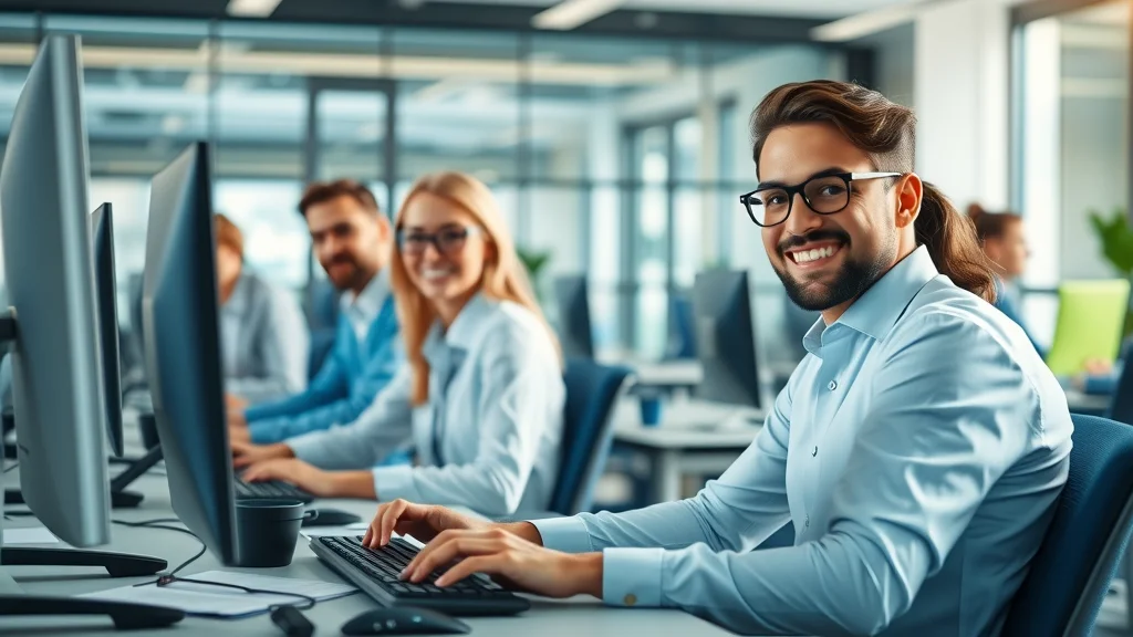 Professional team at a helpdesk center providing customer service and support solutions in a modern office environment