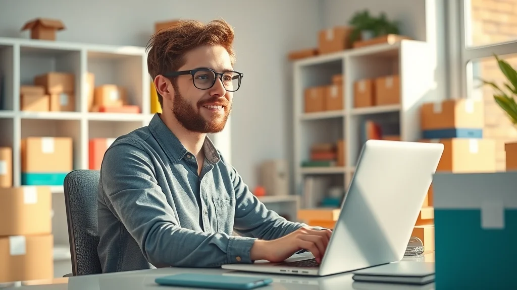 Small business owner using e-commerce platforms software solutions and applications to manage online store packages