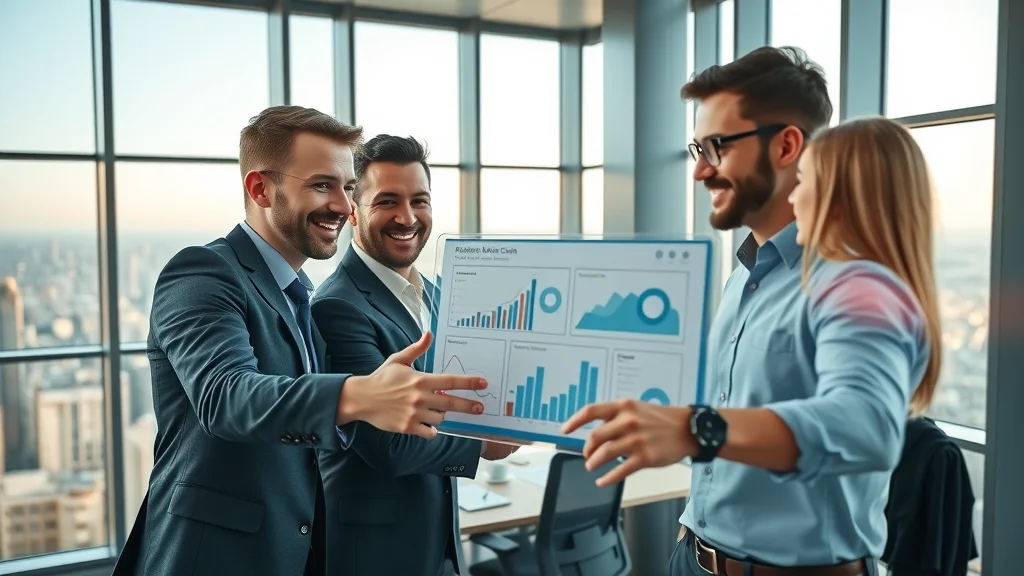 Dynamic business professionals collaborating on category marketing strategy development consulting in a modern high-rise office with digital dashboard and city views