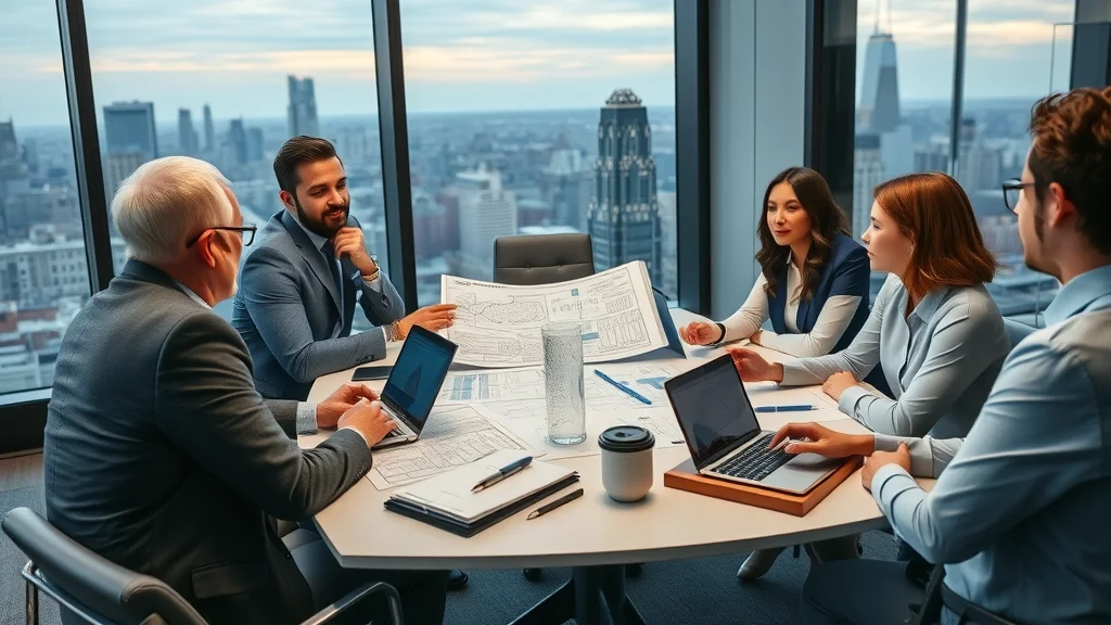 Professional category development consultants conducting a strategic workshop with stakeholders to build category strategy, city skyline in background