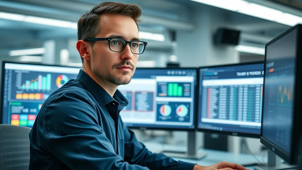 Modern help desk dashboard interface with IT professional monitoring customer support tickets and resolution times